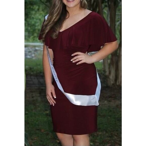 Ralph Lauren Burgundy Dress Sz 10 Drape Ruffle V-Neck Lined Preppy Career - Picture 1 of 7